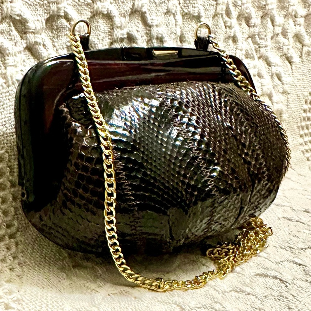 Vtg Snakeskin Leather Clutch/ Cross Body Bag Chocolate Brown Borsa Bella Italy - Picture 2 of 15